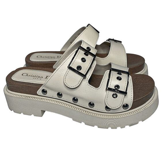 Christian Dior Diorquake Buckle Platform Slip On Wood Sandals Leather EU 38 US 8 - Picture 4 of 10